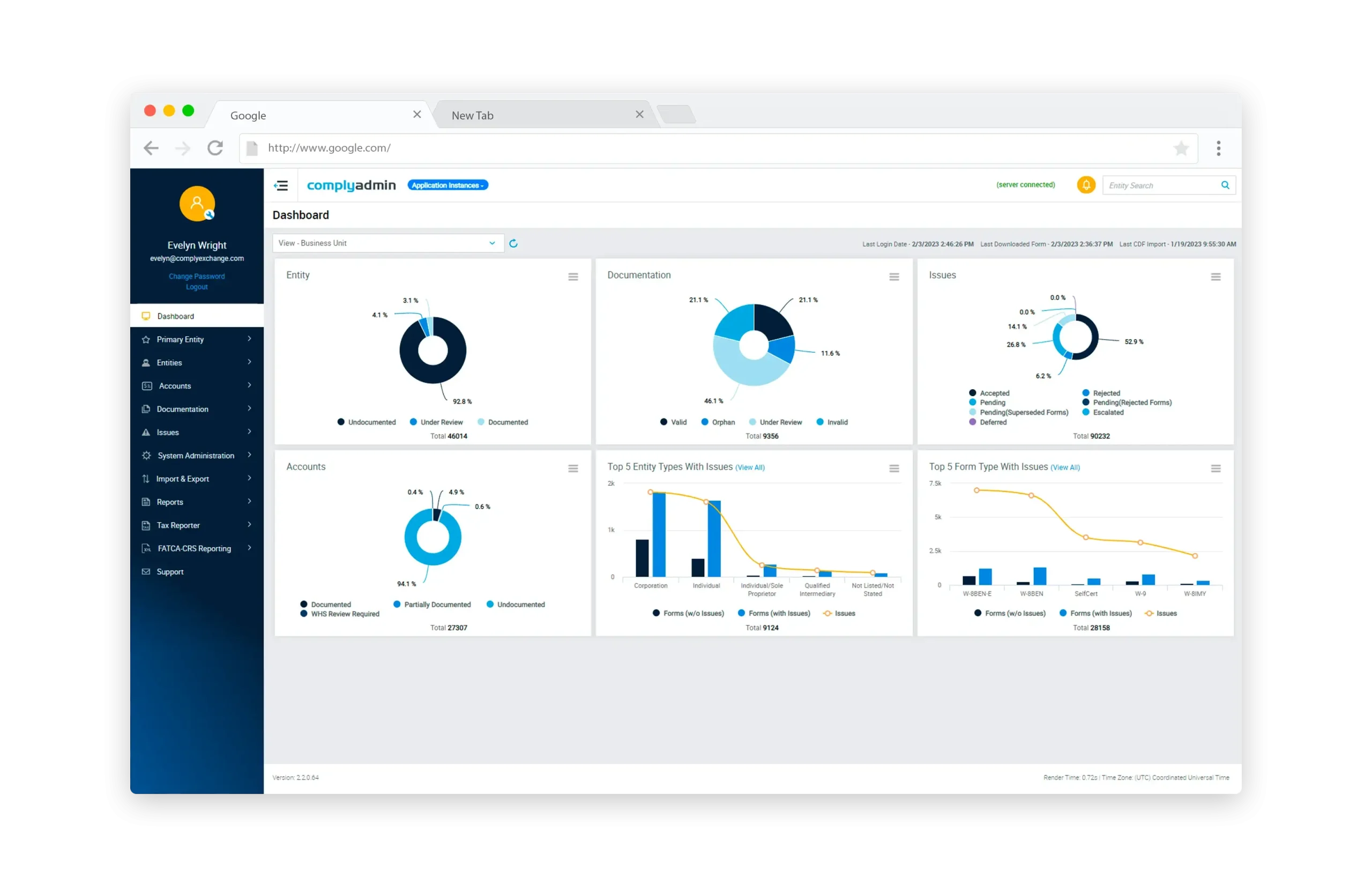 Comply Admin - Home (Window) showing our dashboard filled with IRS tax form data.