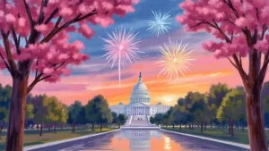 Watercolour image of Washington DC during 4th of July Fireworks.