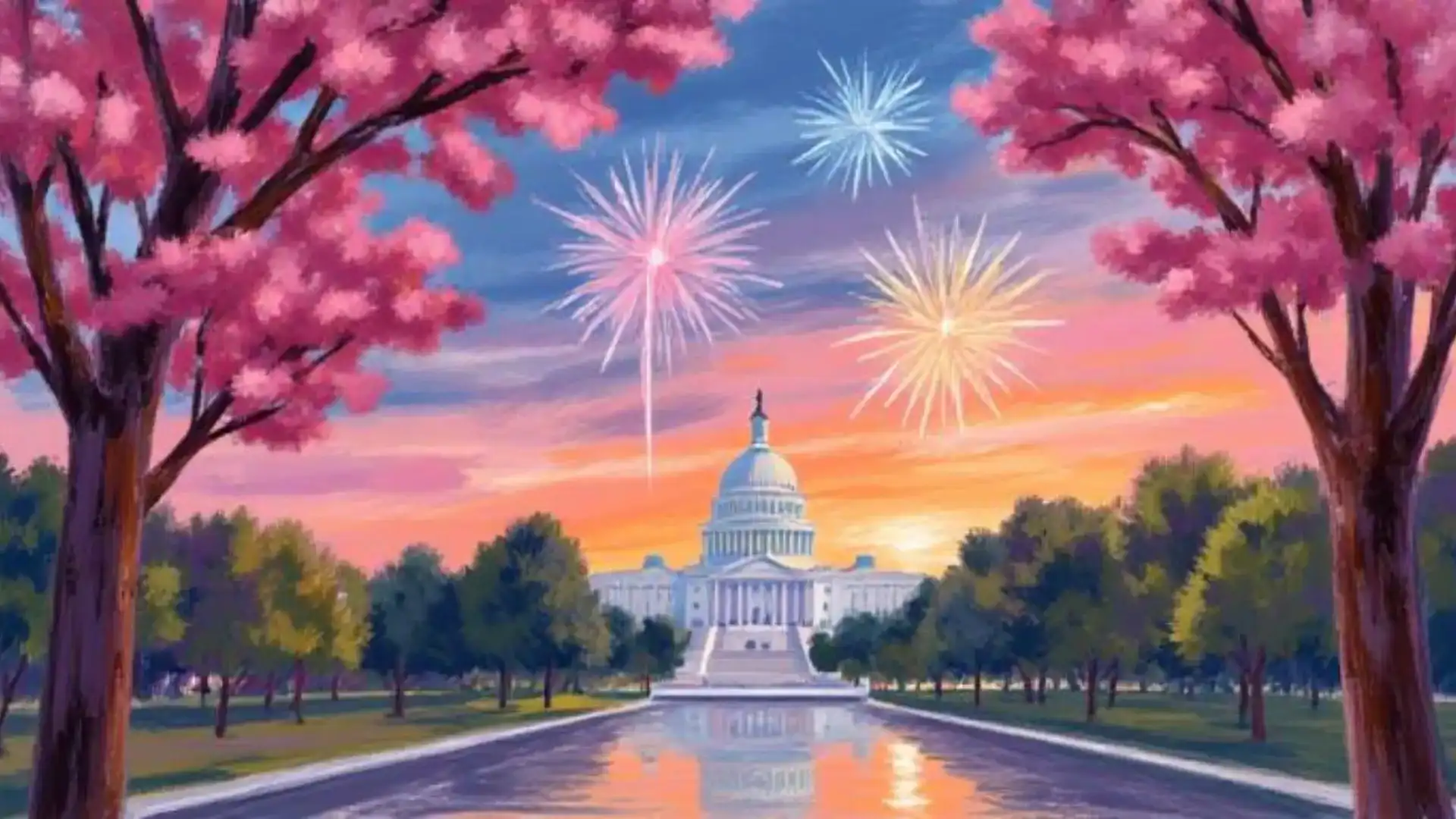 Watercolour image of Washington DC during 4th of July Fireworks.