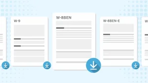 Cartoon illustration of IRS tax forms including W-9, W-8BEN, W-8BEN-E, and other tax documentation.