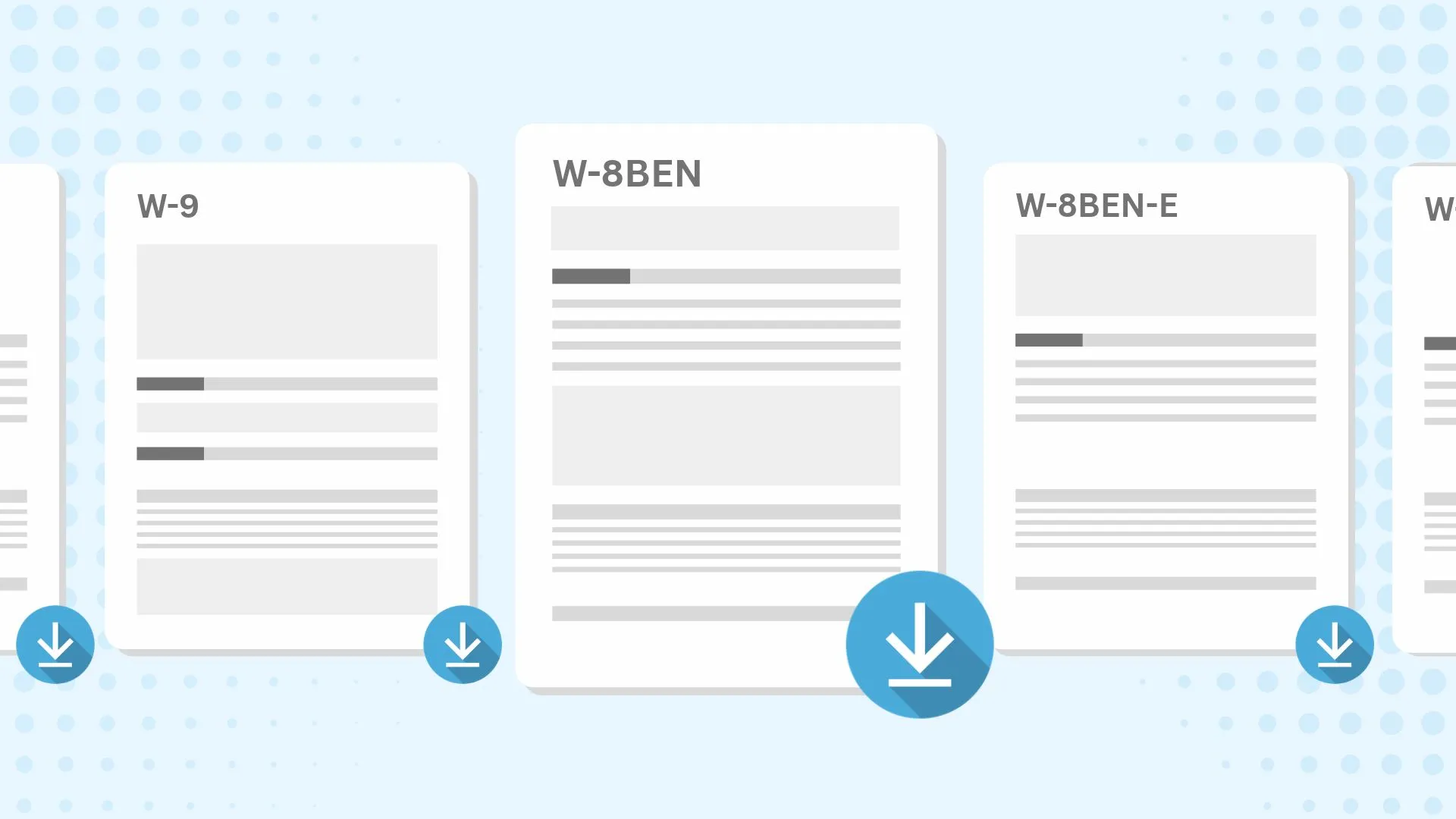 Cartoon illustration of IRS tax forms including W-9, W-8BEN, W-8BEN-E, and other tax documentation.
